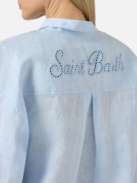 Chemise Cristal en lin bleu clair avec broderie Saint Barth ajourée 