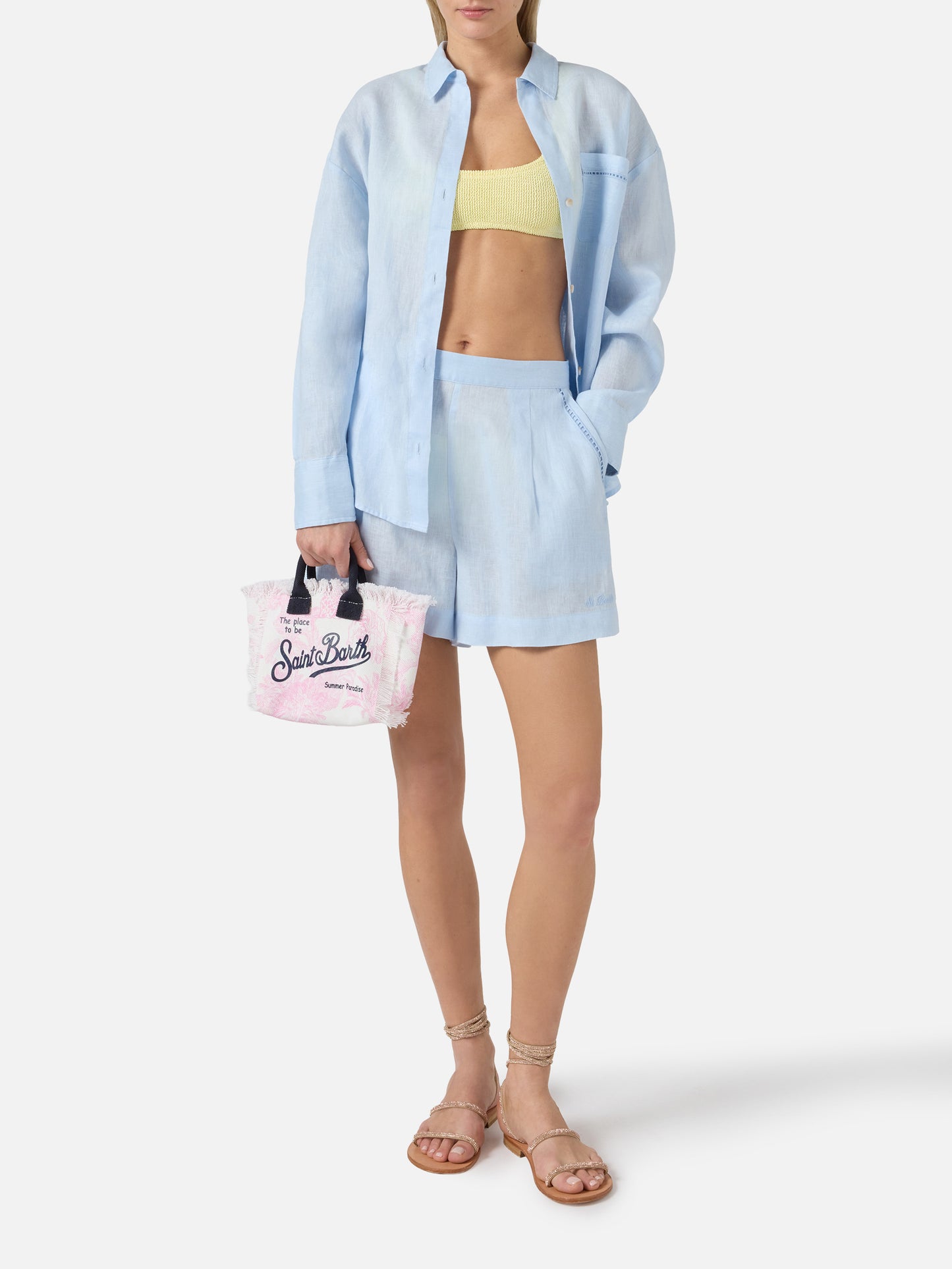 Chemise Cristal en lin bleu clair avec broderie Saint Barth ajourée 