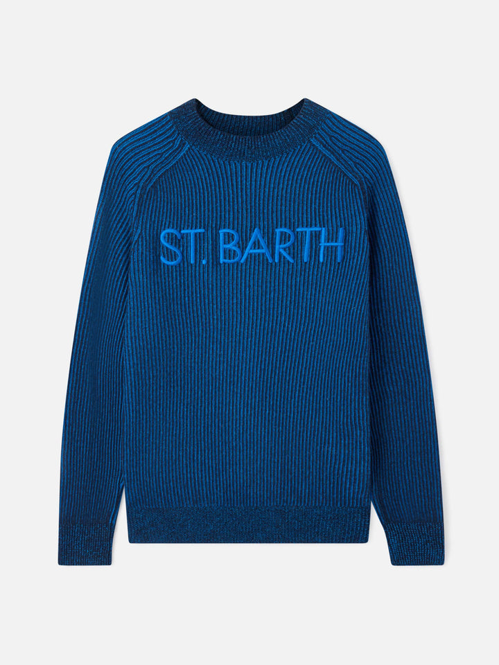 Davos gerippter blauer Pullover mit halbem Rollkragen 