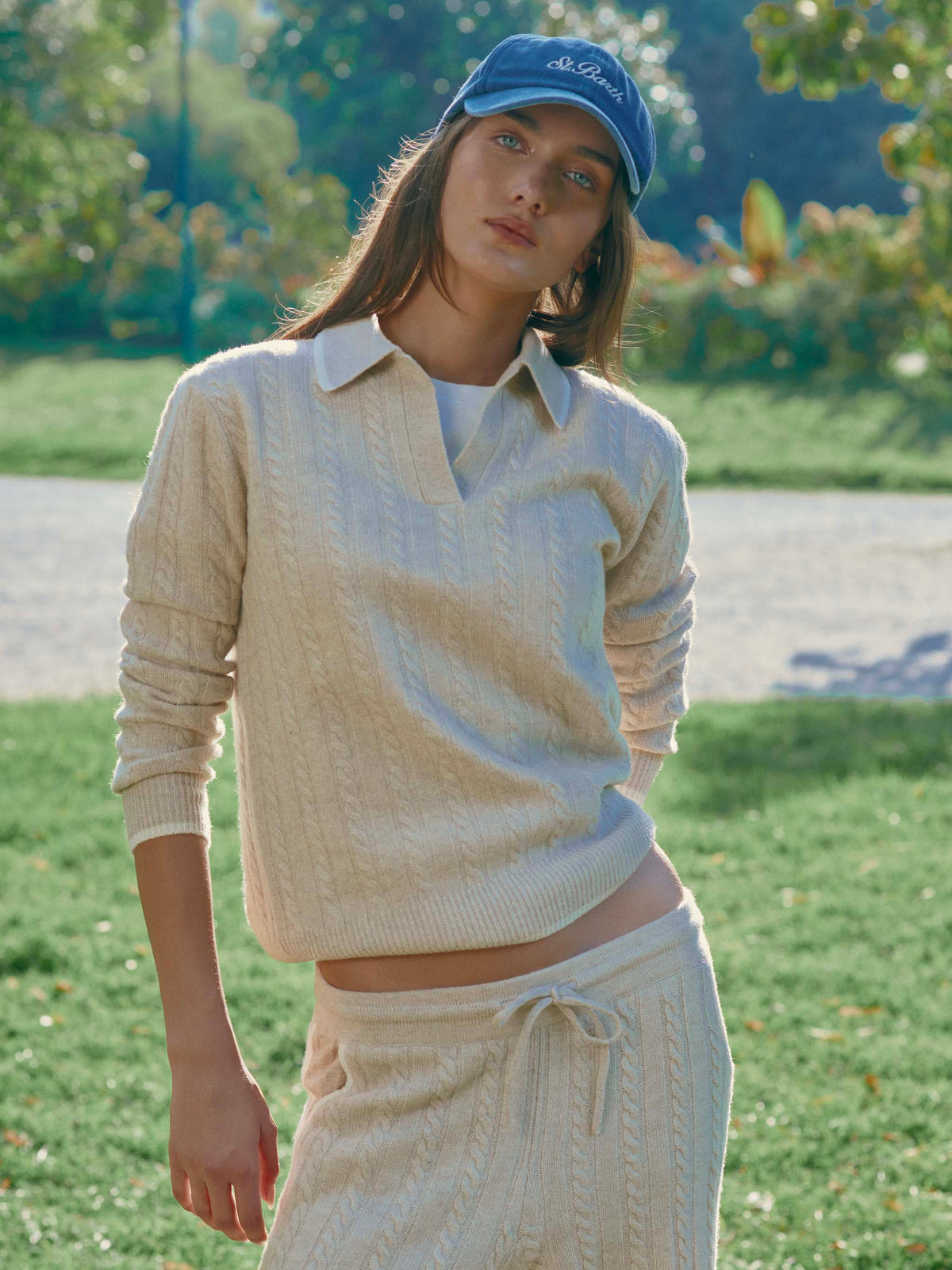 Maglia Clichy beige in lana con collo polo e punto pointelle