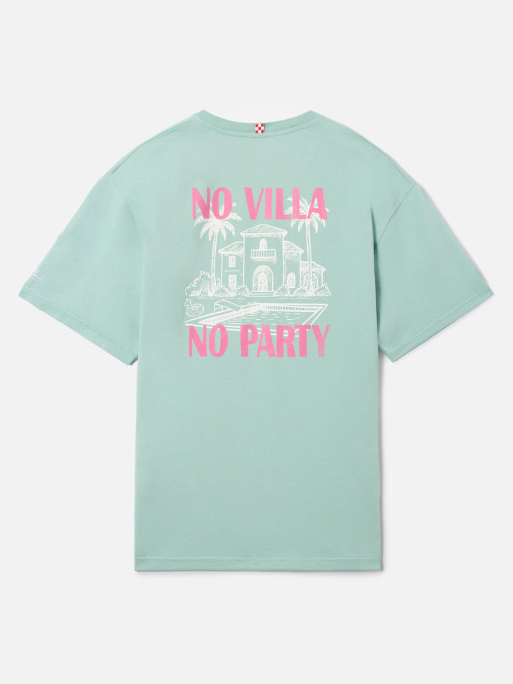 Green Delmar t-shirt with No Villa No Party print and maxi graphic on the back