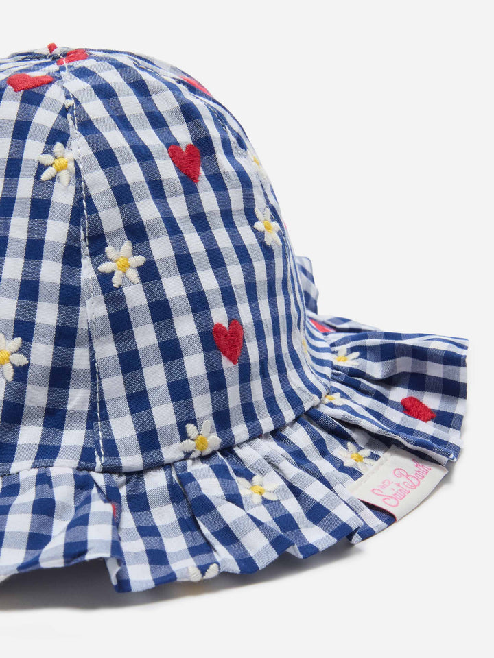 Navy Doremi sun hat with cotton vichy flower heart embroidery