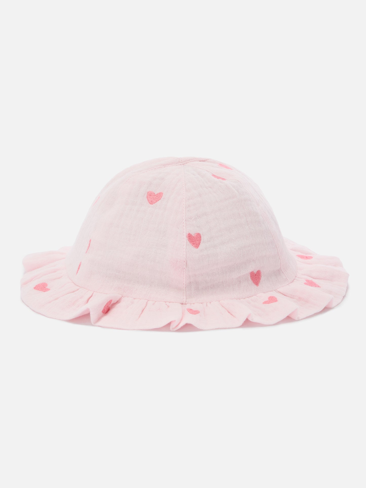Pink Doremi sun hat with muslin heart embroidery