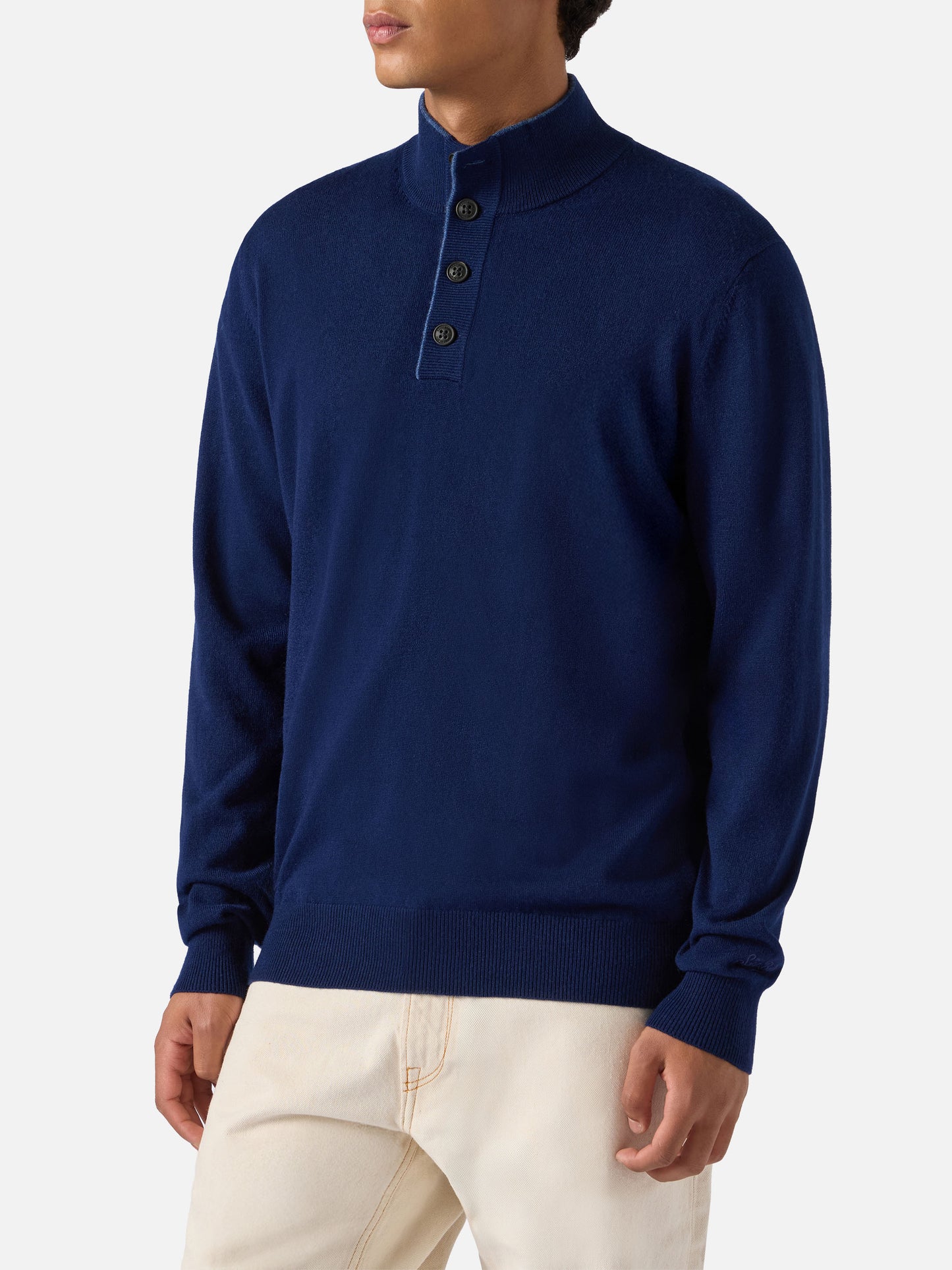 Halbzip-Pullover aus marineblauer Merinowolle und Kaschmir