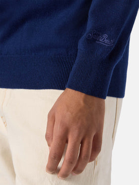 Halbzip-Pullover aus marineblauer Merinowolle und Kaschmir