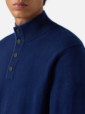 Halbzip-Pullover aus marineblauer Merinowolle und Kaschmir