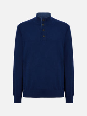 Halbzip-Pullover aus marineblauer Merinowolle und Kaschmir