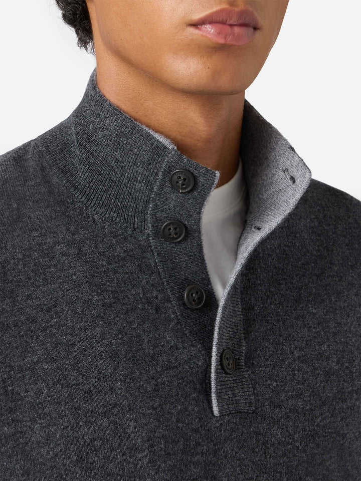 Halbzip-Pullover aus anthrazitfarbener Merinowolle und Kaschmir