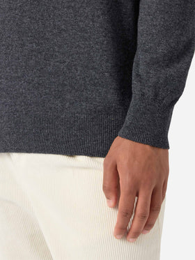 Halbzip-Pullover aus anthrazitfarbener Merinowolle und Kaschmir