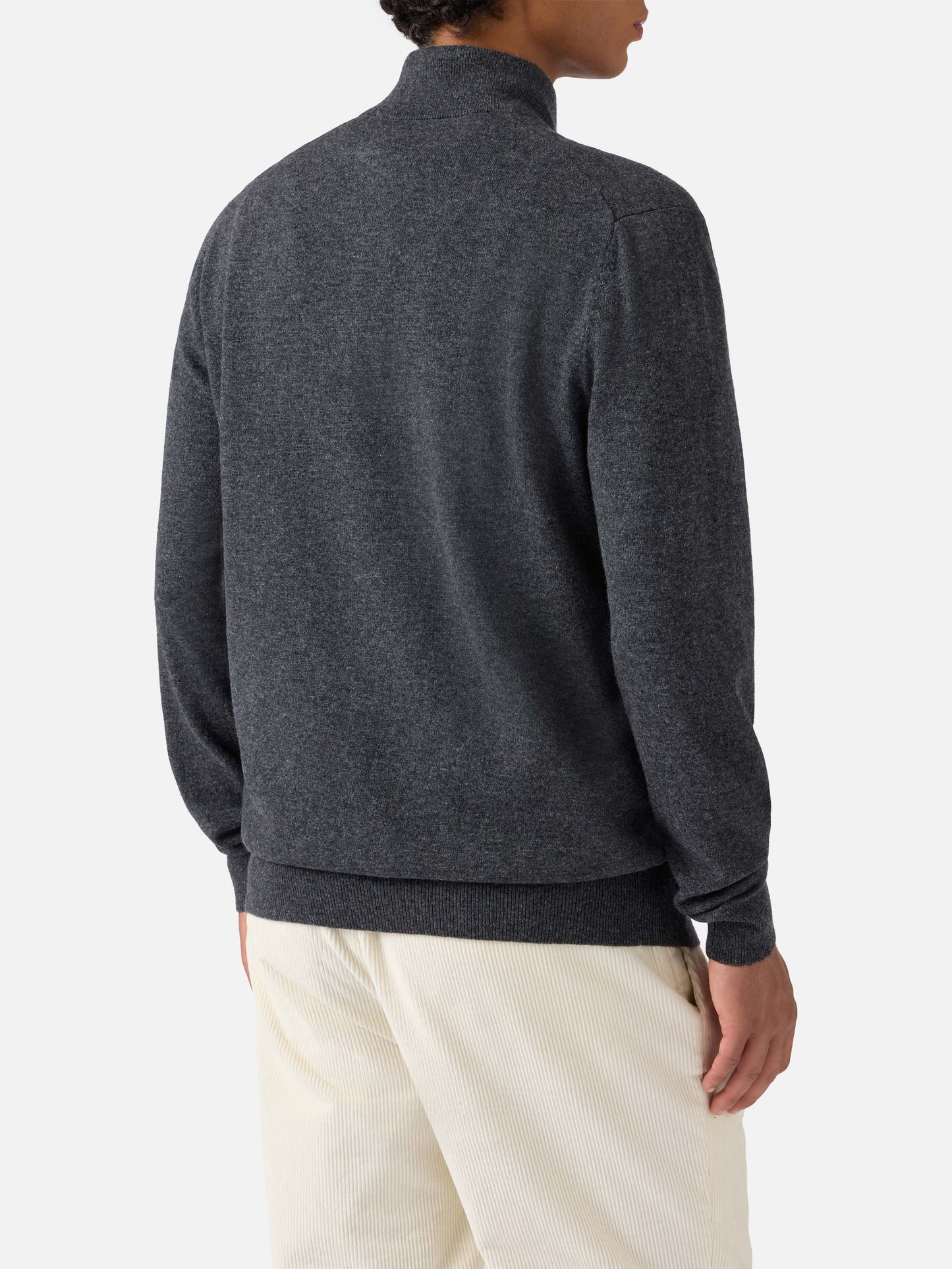 Halbzip-Pullover aus anthrazitfarbener Merinowolle und Kaschmir