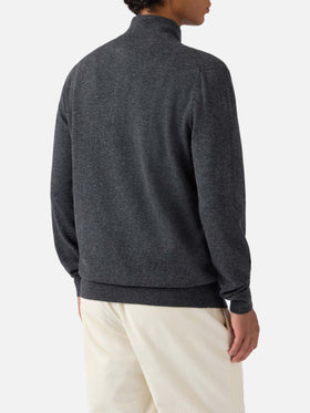 Halbzip-Pullover aus anthrazitfarbener Merinowolle und Kaschmir
