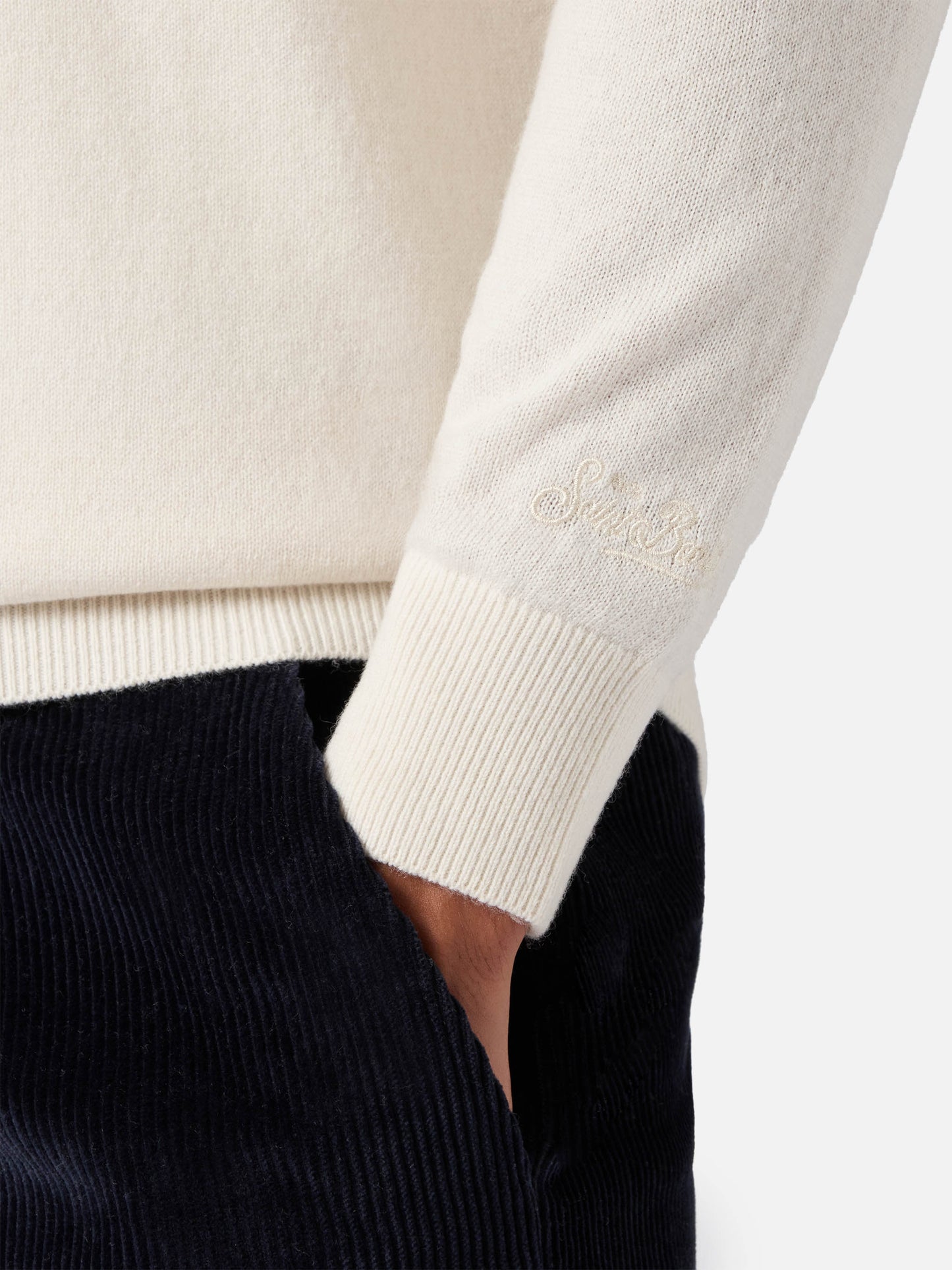 Halbzip-Pullover aus weißer Merinowolle und Kaschmir
