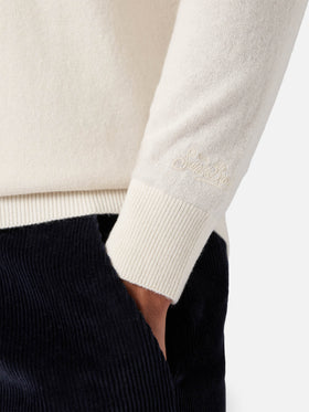 Halbzip-Pullover aus weißer Merinowolle und Kaschmir