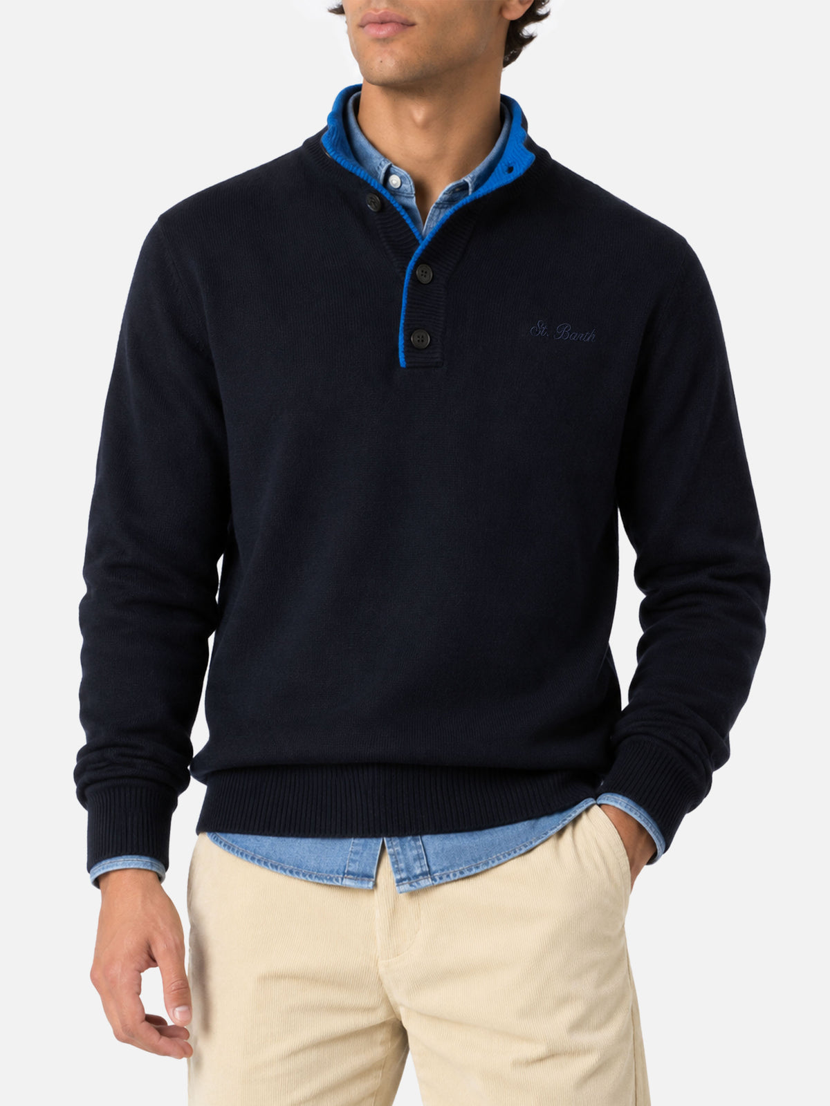 Pull polo bleu marine en BLENDED CASHMERE 