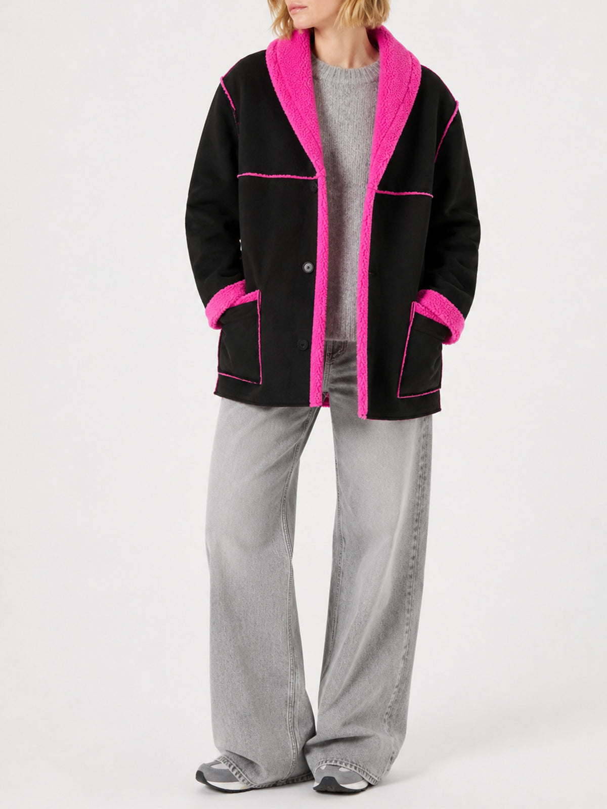 Manteau réversible en shearling Dorys noir et rose fluo 