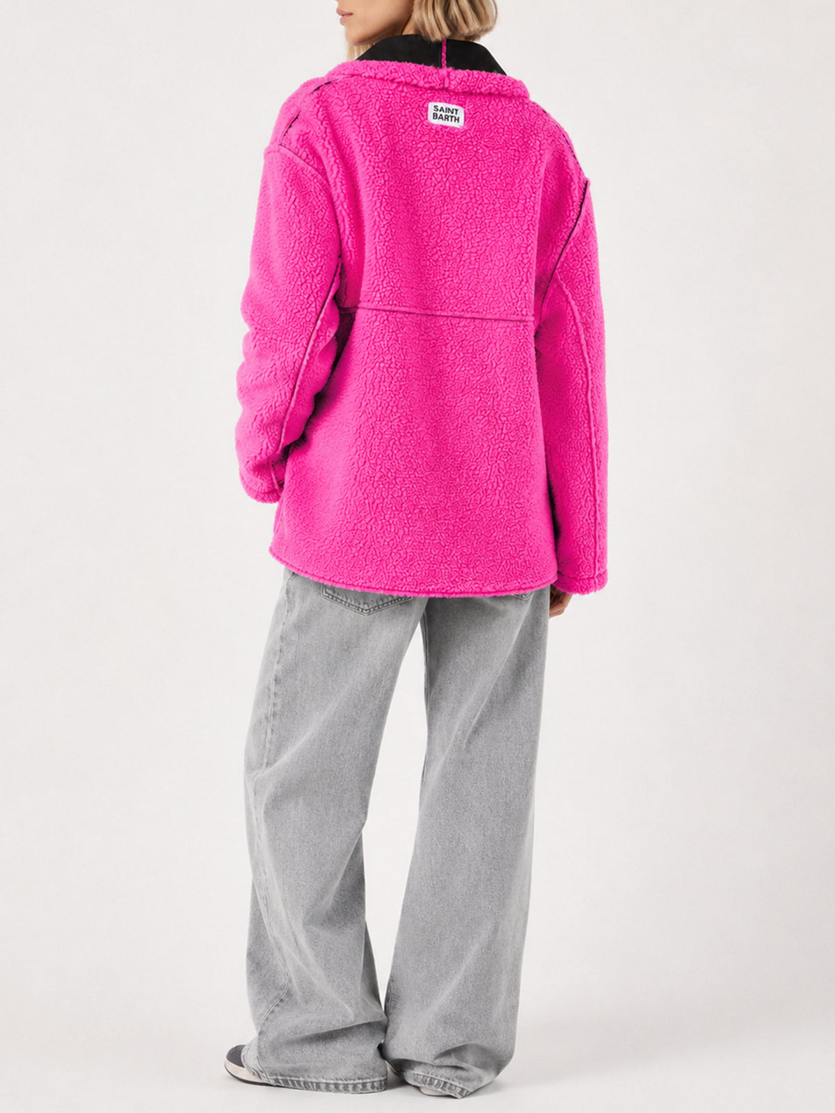 Manteau réversible en shearling Dorys noir et rose fluo 