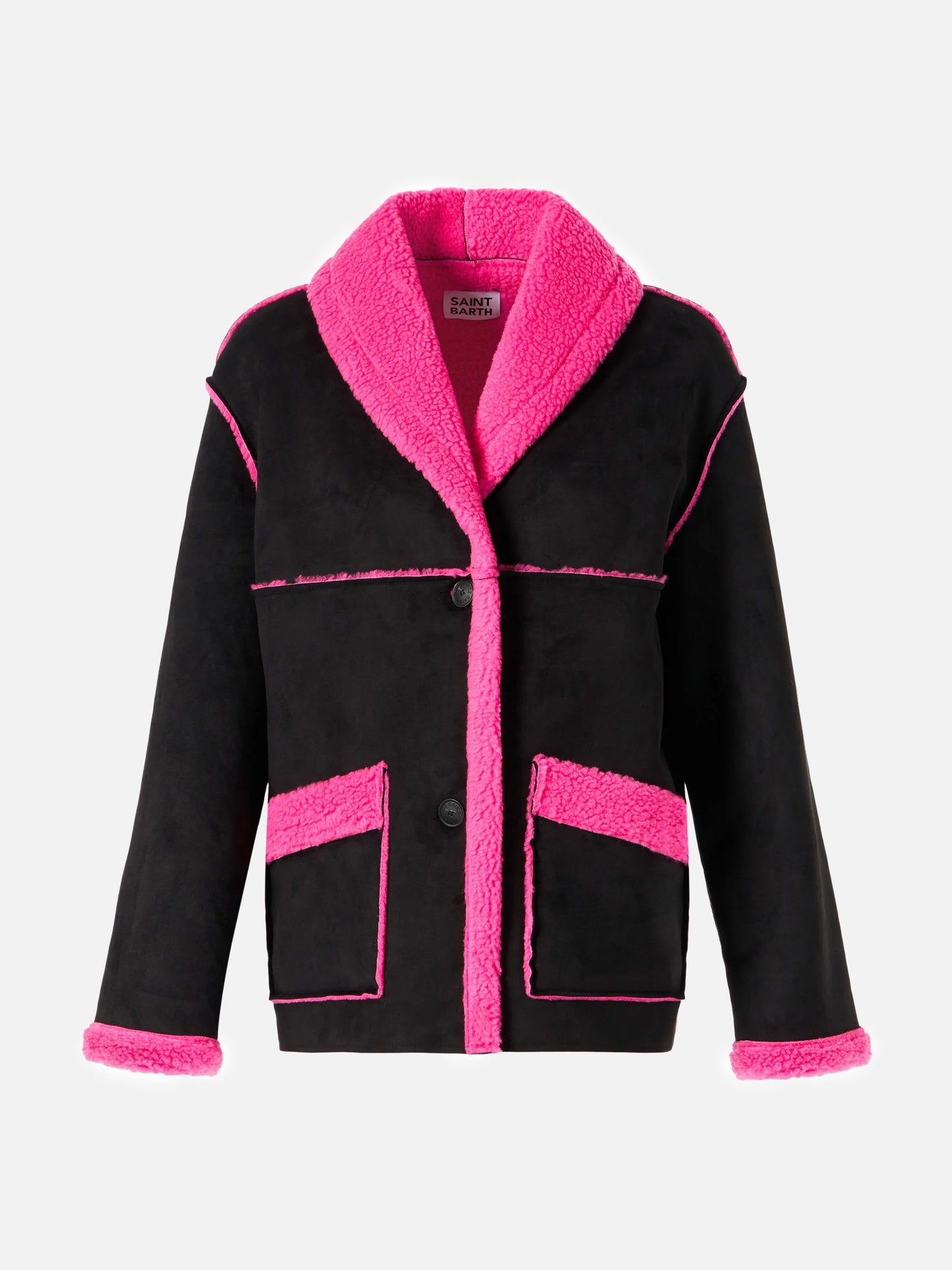 Cappotto Dorys in shearling reversibile nero e fucsia fluo