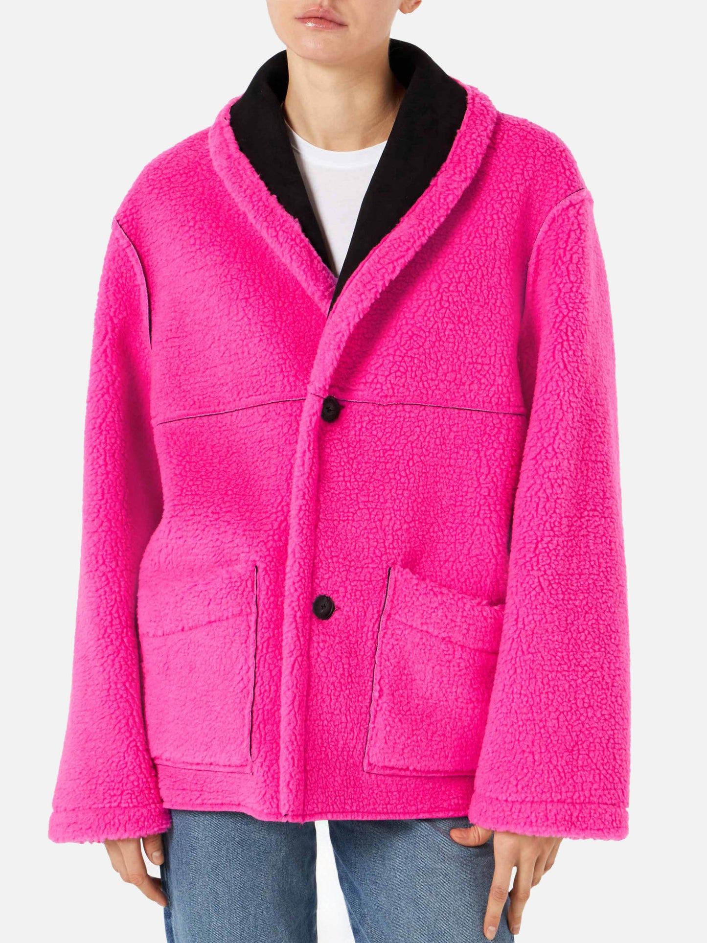 Cappotto Dorys in shearling reversibile nero e fucsia fluo