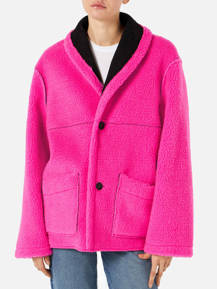 Black and fluo pink Dorys reversible shearling coat