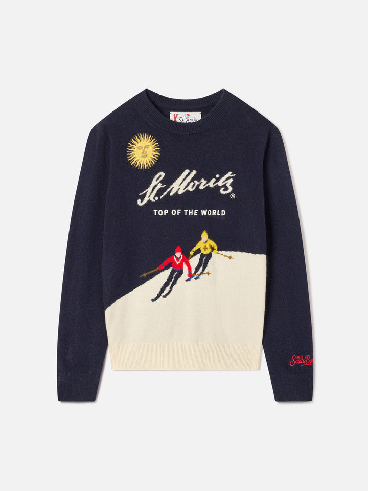 Jersey de punto con cuello redondo blue Douglas en azul marino con intarsia y bordado St. Moritz | Special edition 
