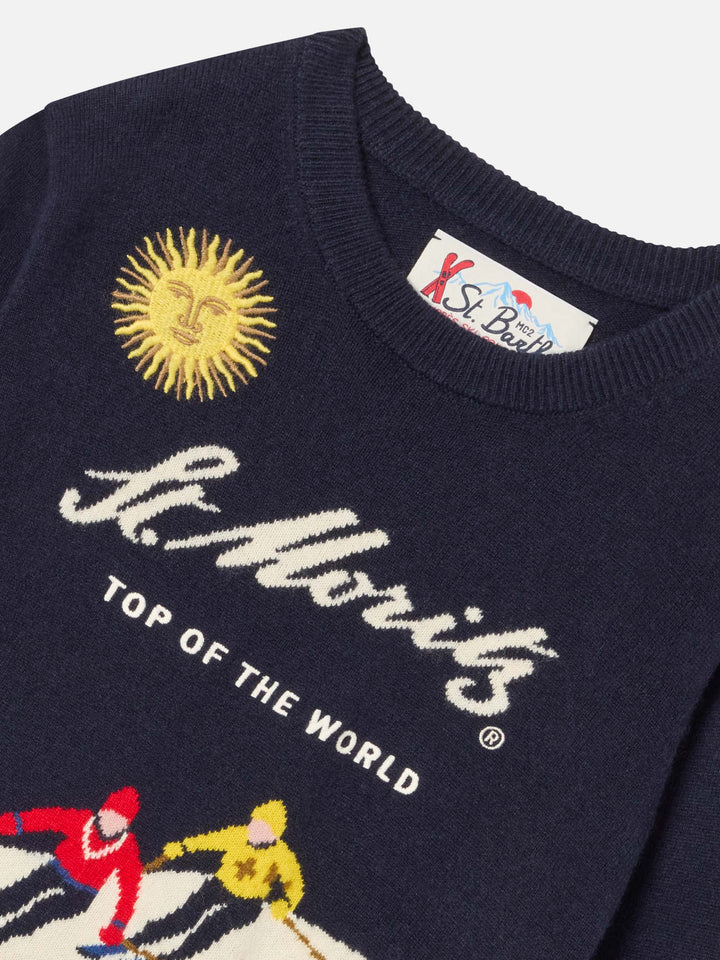 Jersey de punto con cuello redondo blue Douglas en azul marino con intarsia y bordado St. Moritz | Special edition 