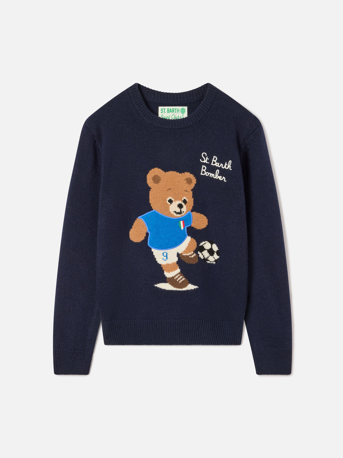 Jersey de punto con cuello redondo Navy blue Douglas con parche de osito de peluche 