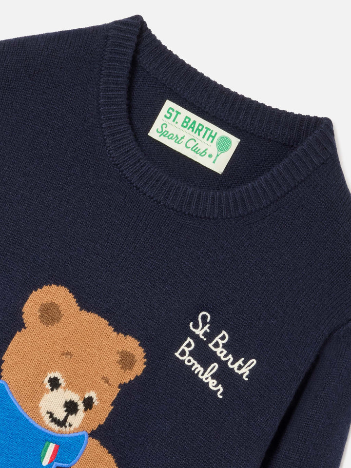 Jersey de punto con cuello redondo Navy blue Douglas con parche de osito de peluche 