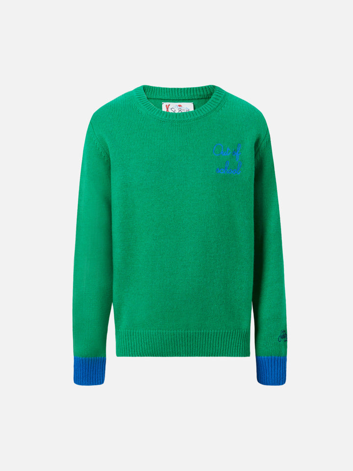 Green crewneck Douglas with Out of School embroidery
