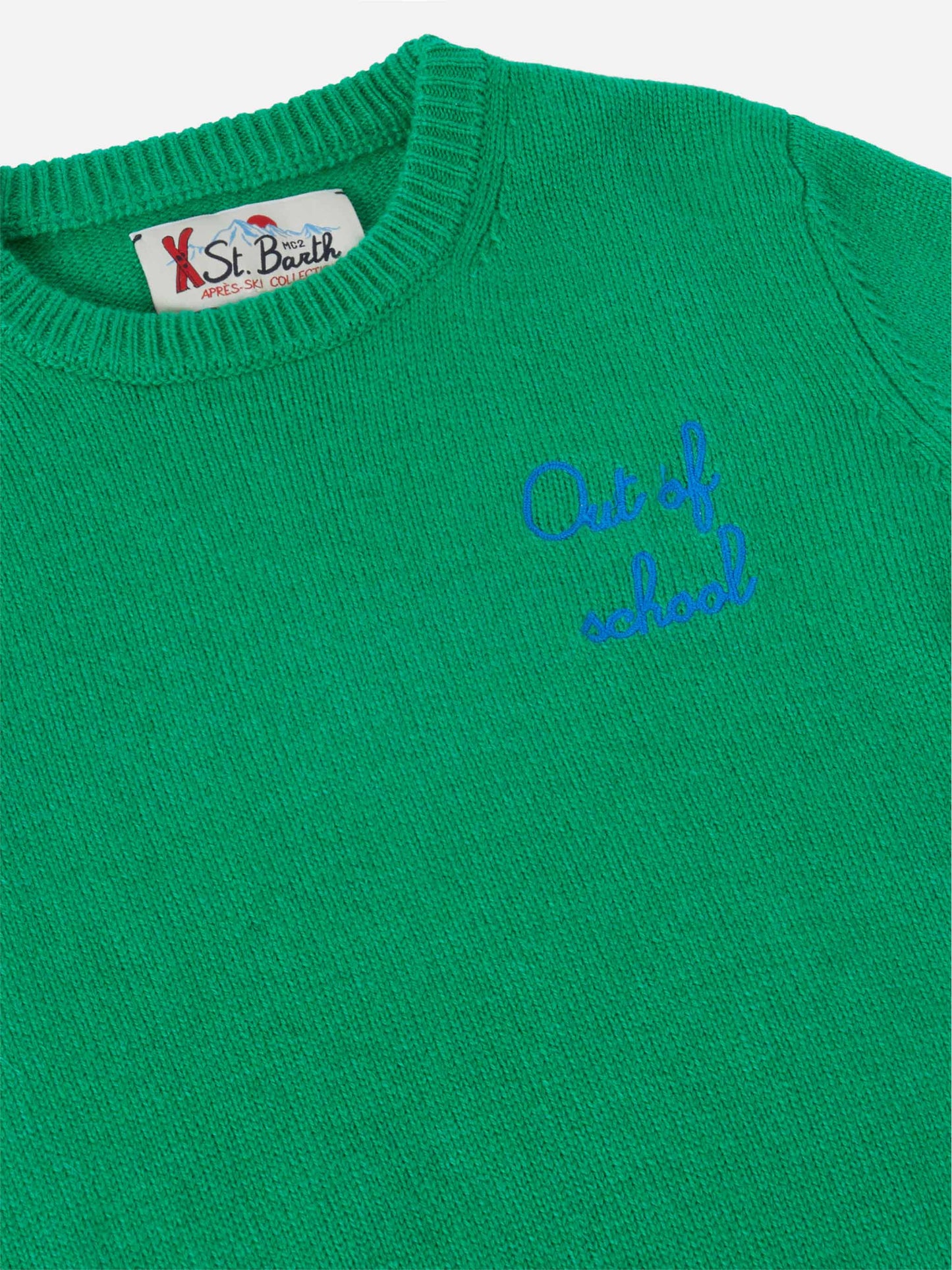 Grüner Douglas-Pullover mit Rundhalsausschnitt und „Out of School“-Stickerei