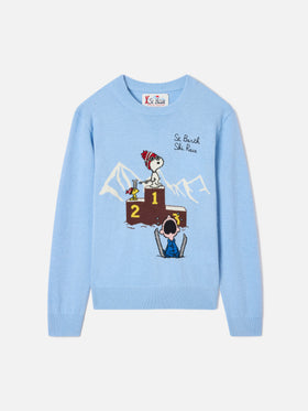 Leichter blue Douglas Rundhals-Strickpullover mit Snoopy-Intarsie und Stickerei | Special edition 