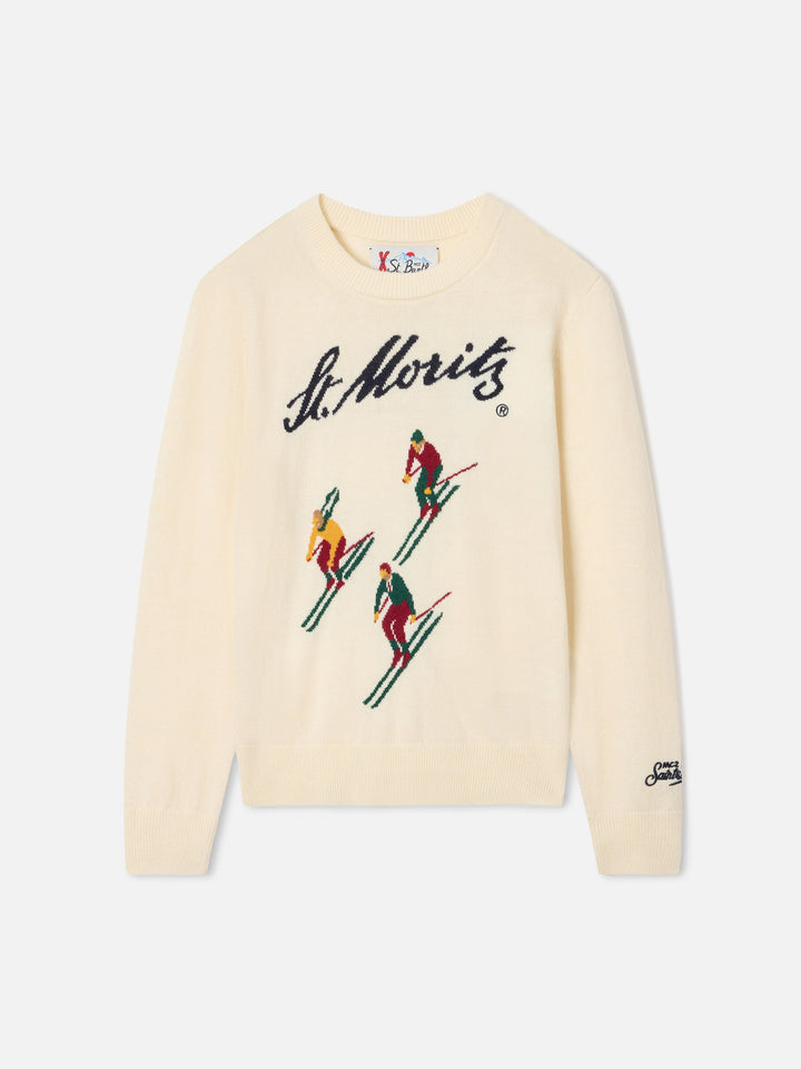 Jersey de punto de cuello redondo color crema Douglas con intarsia St. Moritz | Special edition 