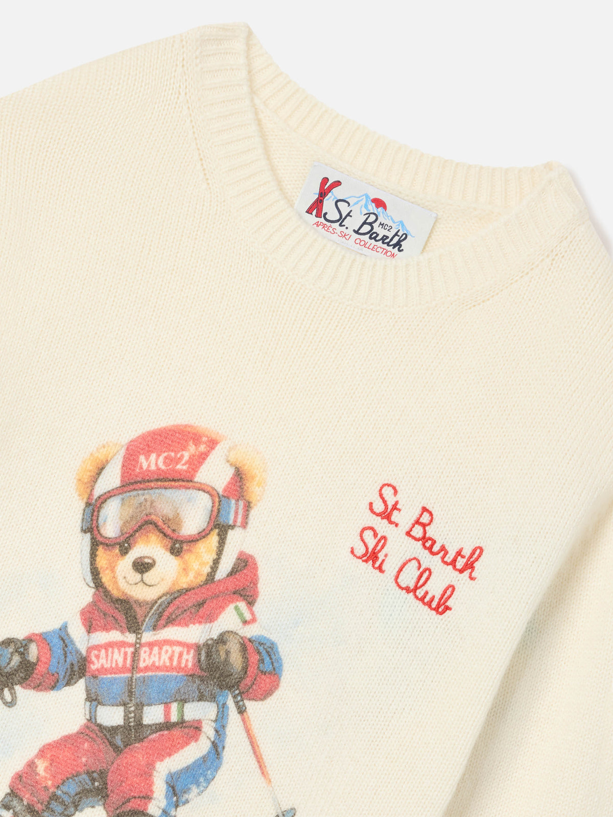 Jersey de cuello redondo en mezcla de lana y cachemira color crema Douglas con intarsia y bordado de osito teddy 