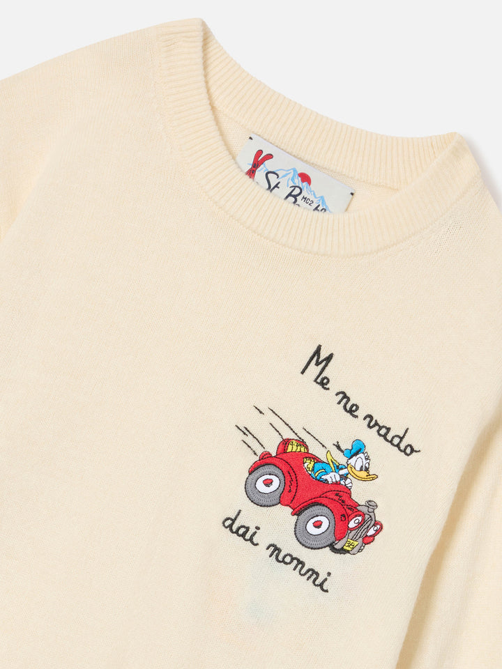 Jersey de cuello redondo en mezcla de lana y cashmere color crema Douglas Light con intarsia de Donald Duck | Special edition 