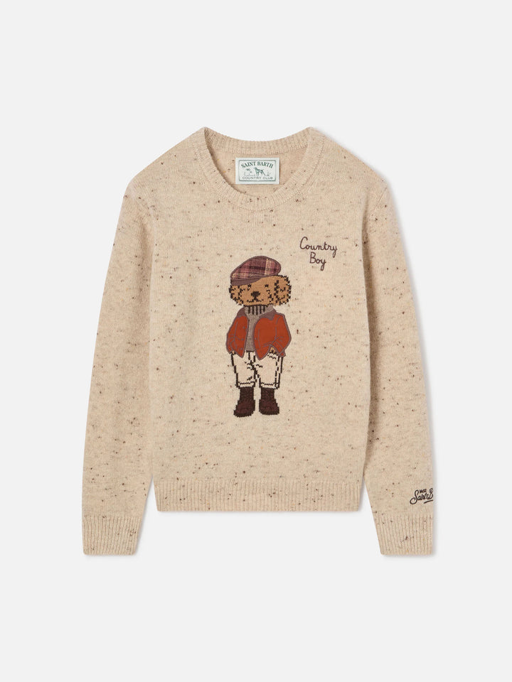 Maglia girocollo Douglas panna in misto lana Donegal con patch orsetto e ricamo Country Boy