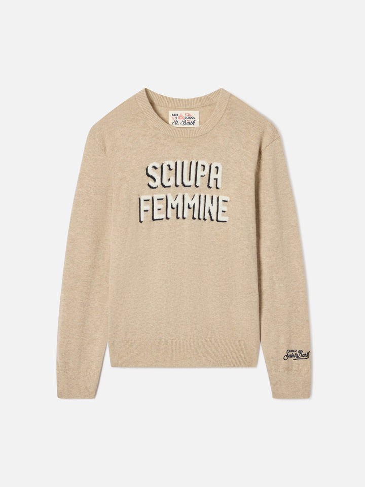 Jersey de cuello redondo en mezcla de algodón y lana virgen Beige Douglas con intarsia Sciupa Femmine 
