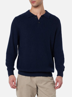 Navy blue ribbed sweater Downing in BLENDED CASHMERE with buttoned collar