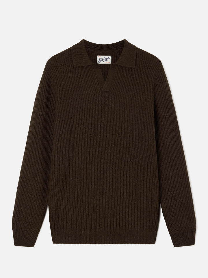 Braunes geripptes Poloshirt aus Downing-Wolle 