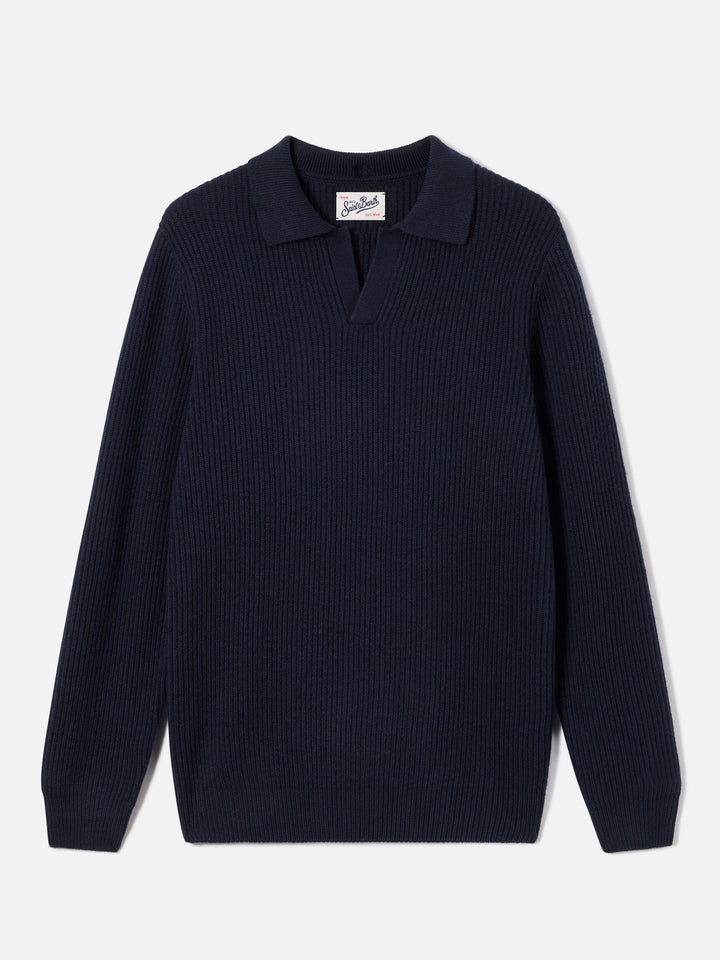 Polo en maille côtelée en laine Navy blue Downing 