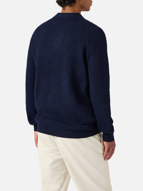 Marineblaues Polohemd aus reiner Wolle, gestrickt von Downing