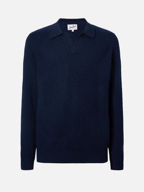 Marineblaues Polohemd aus reiner Wolle, gestrickt von Downing