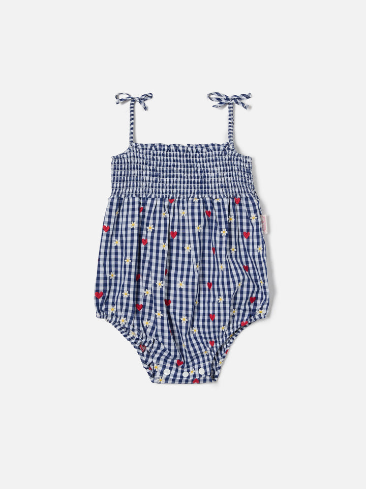 Dudu short romper in yarn dyed vichy with all over embroidery