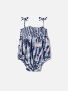 Dudu short romper in yarn dyed vichy with all over embroidery