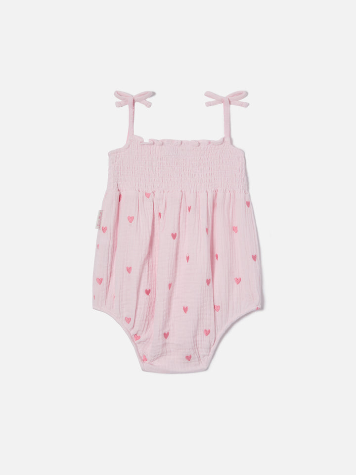 Dudu short romper in pure cotton with embroidered hearts
