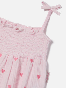 Dudu short romper in pure cotton with embroidered hearts