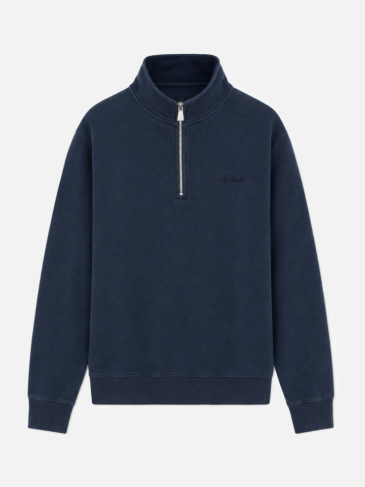 Sweat-shirt Dunkan en coton à demi-zip, coloris bleu marine uni, avec logo brodé 