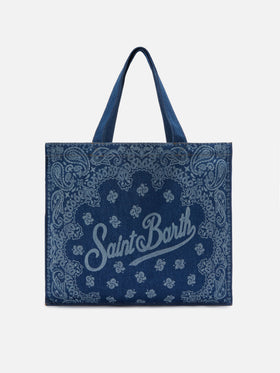 Borsa Essential in tessuto denim con stampa bandana e logo a contrasto