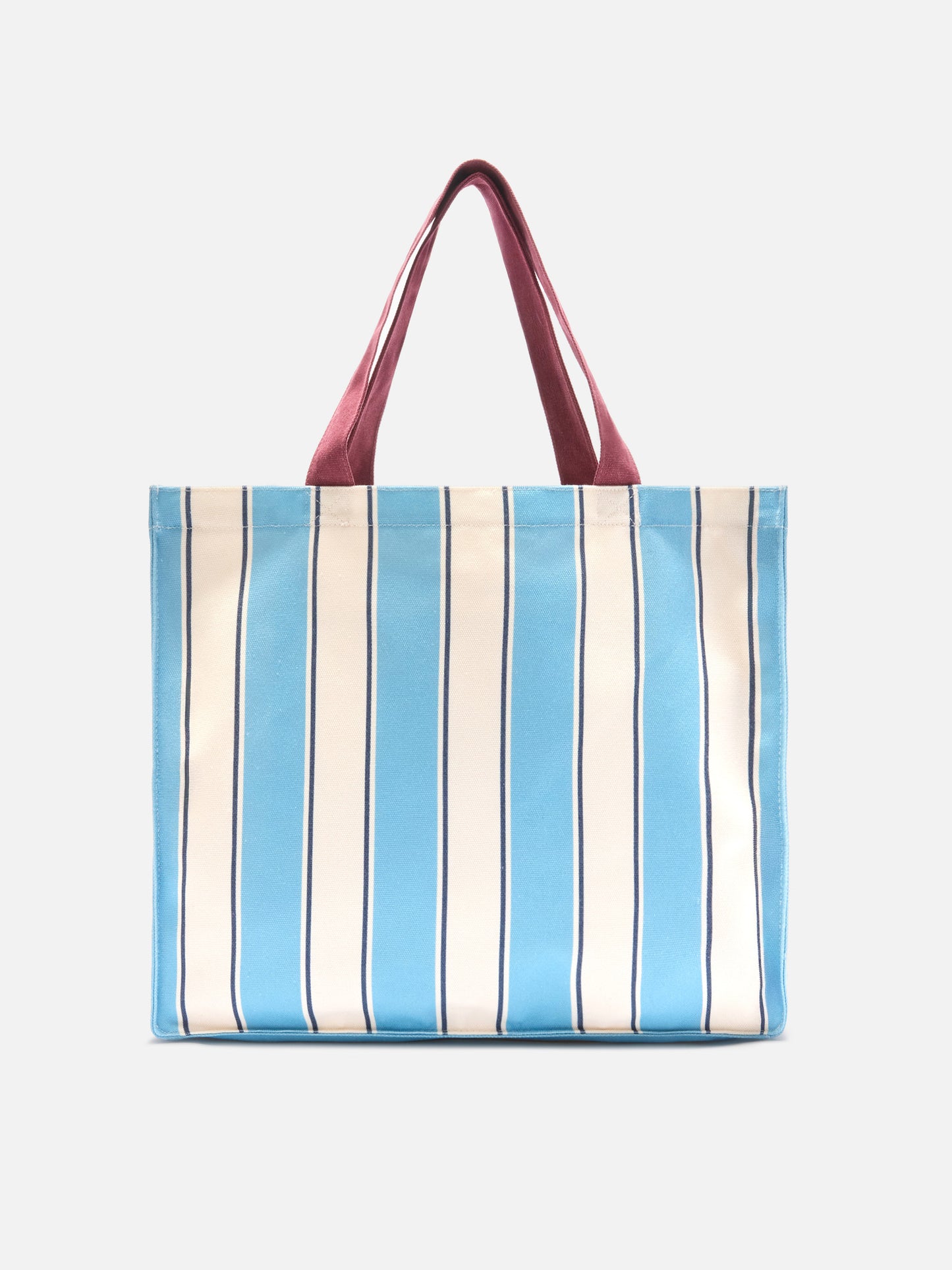 Essential canvas tote bag with light blue and white stripes and contrasting logo