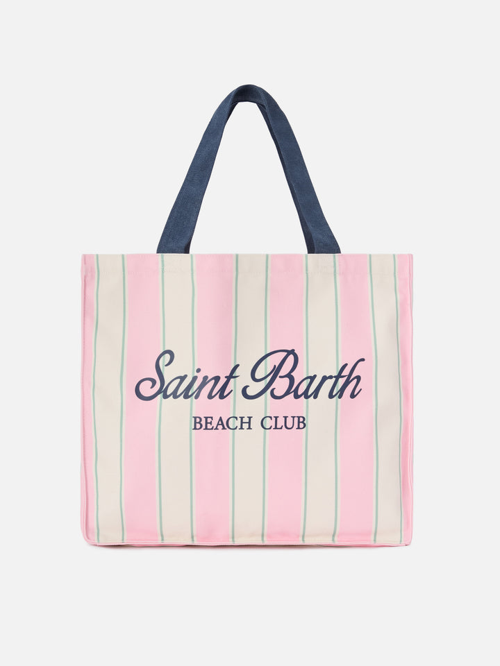 Essential canvas tote bag with pink, green and white stripes and contrasting logo