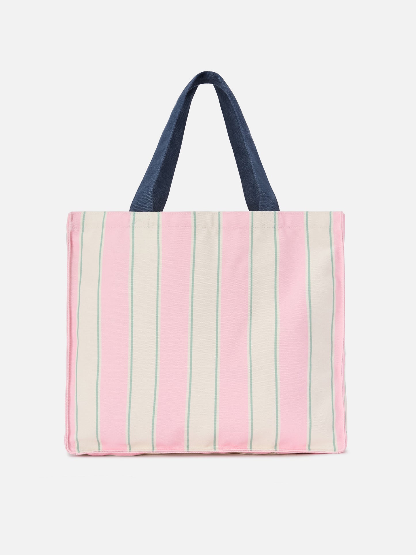 Essential canvas tote bag with pink, green and white stripes and contrasting logo