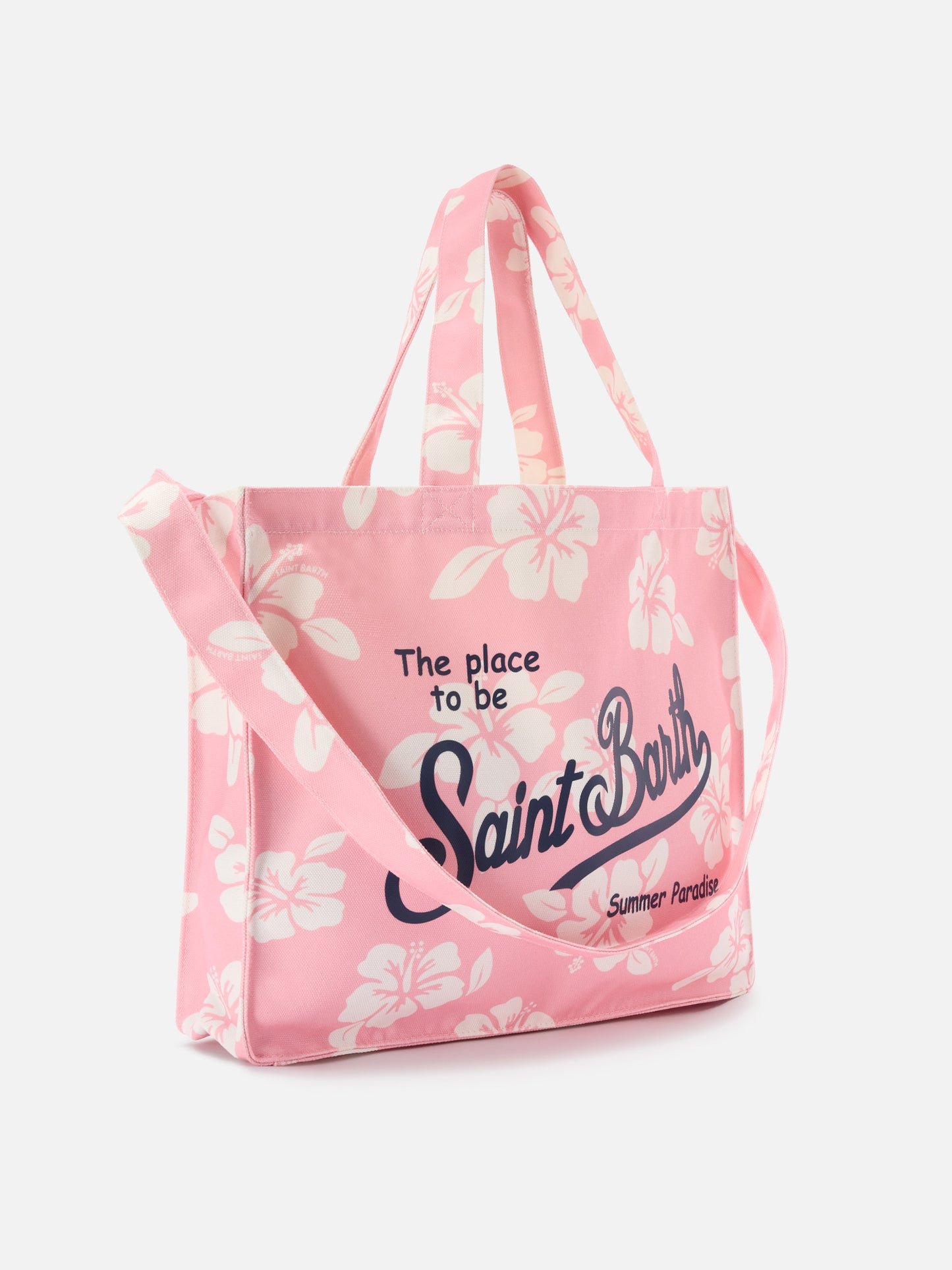Essential canvas tote bag with pink hibiscus print and contrasting logo